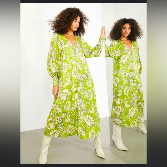 ASOS EDITION BUTTON FRONT MIDI DRESS GREEN  FLORAL PRINT boho fall formal $160 - Picture 1 of 11